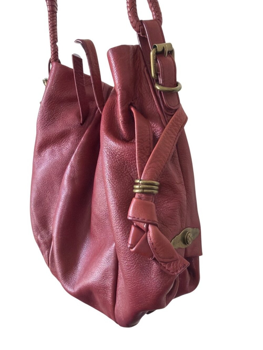 Elliott Lucca Pebbled Leather Bucket Bag Hobo Shoulder Purse Berry Red - Picture 2 of 12